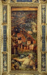 Firenzen ja Pisan välinen meritaistelu Salone dei Cinquecenton katosta, 1565 (paneeli).